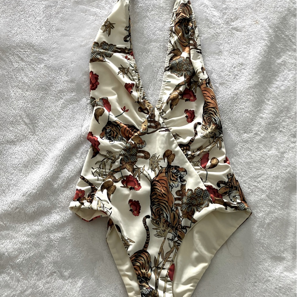 Womens halter style tiger & floral print bodysuit